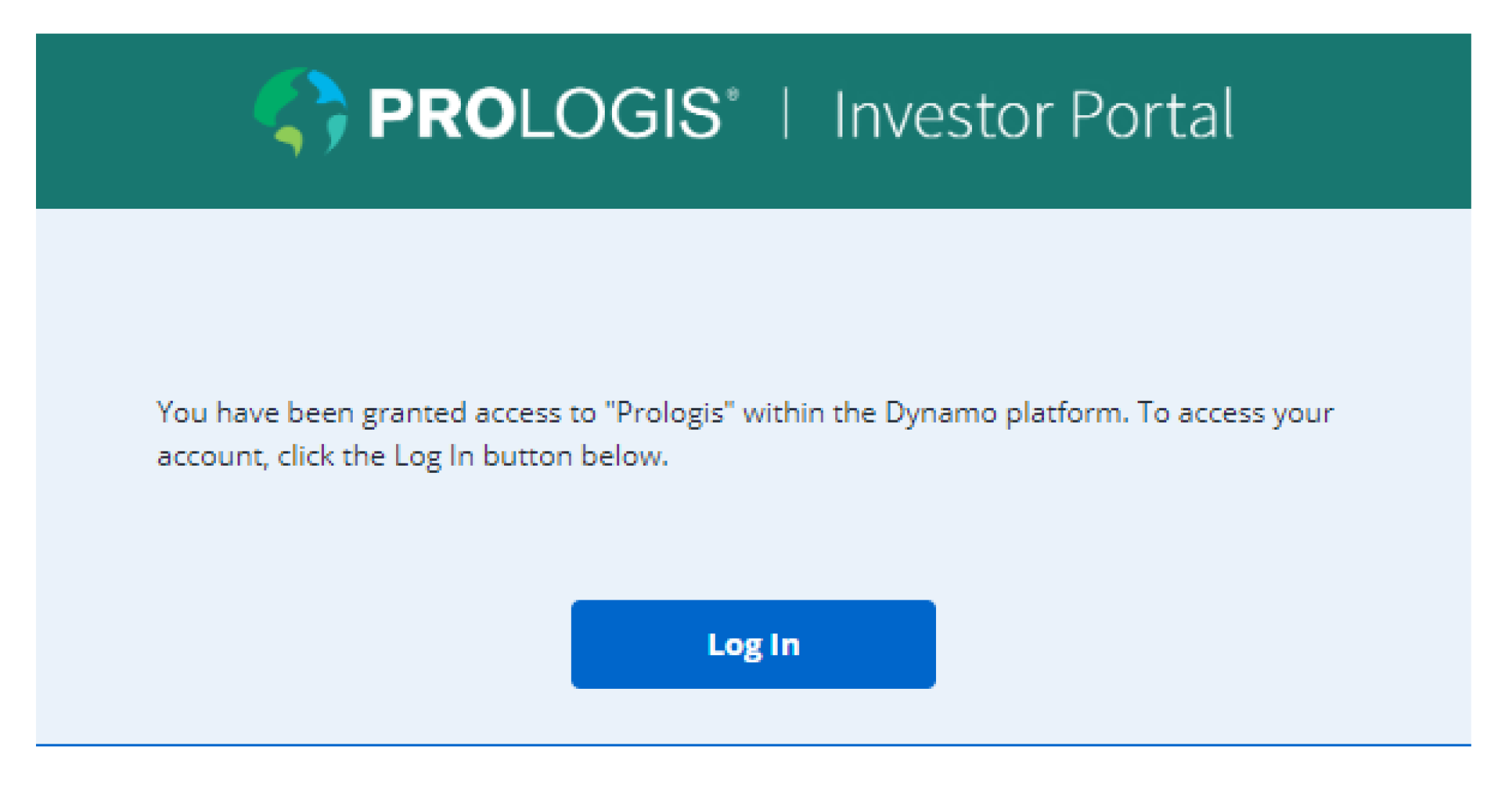 Screen capture of Prologis Investor Portal log-in screen