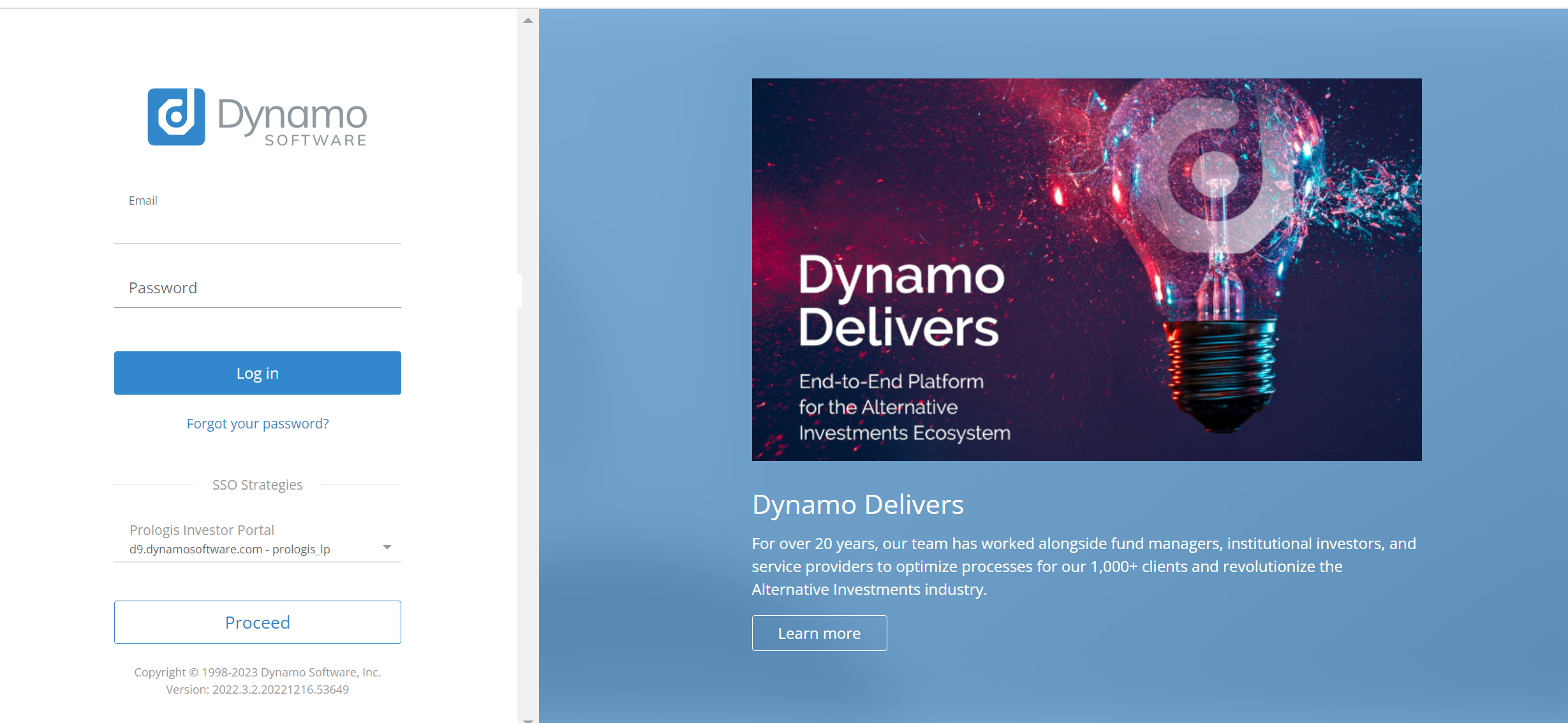 Screen capture of the Dynamo login screen with SSO