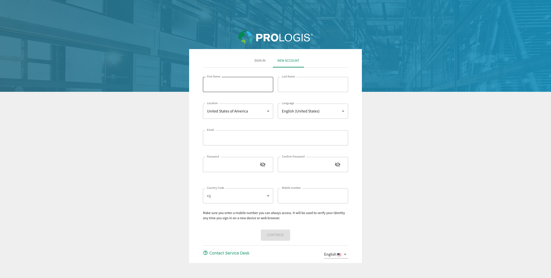 New account screen for Prologis Investor Portal