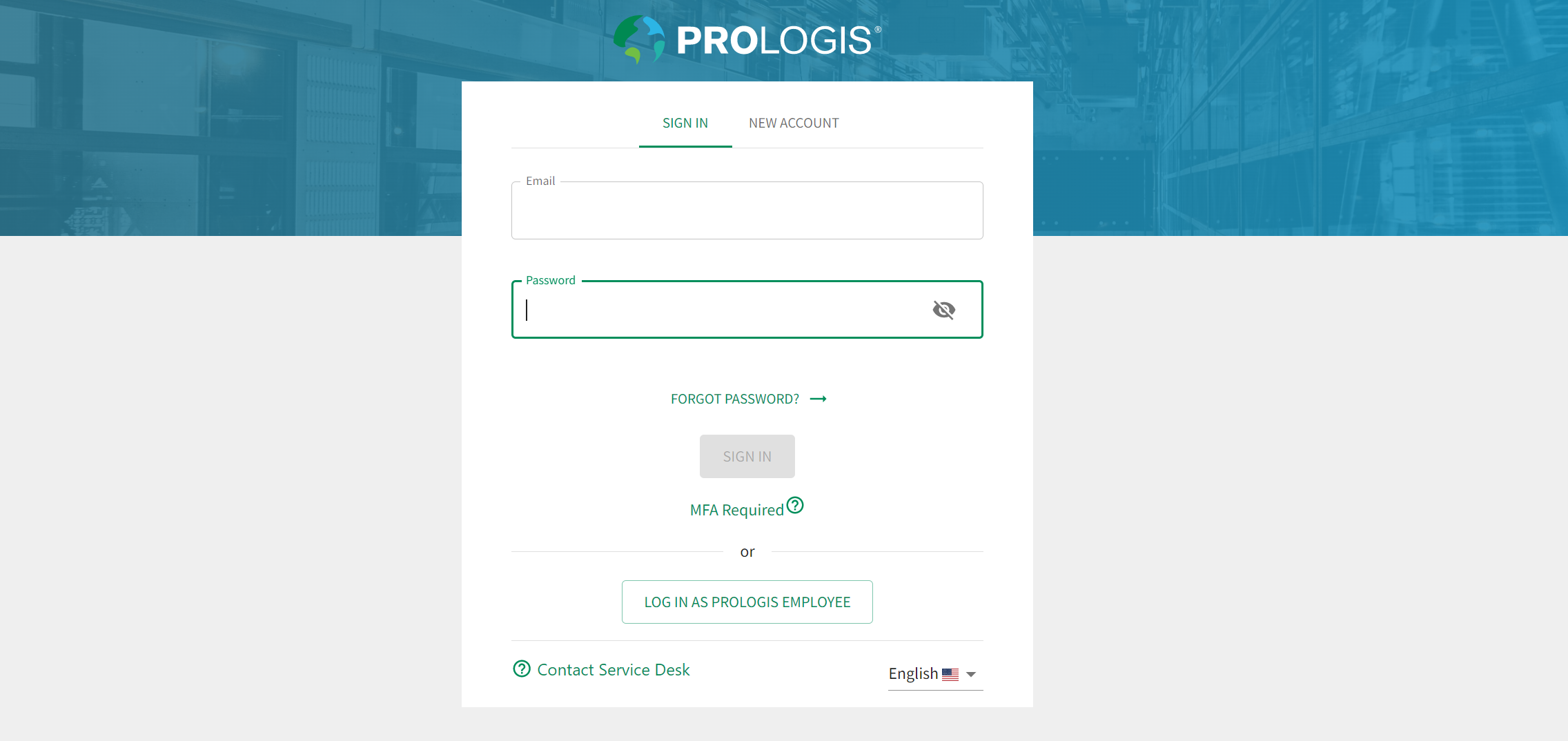 Prologis Investor Portal Login Screen with username and password