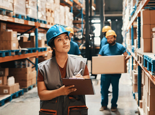 People working in a warehouse carrying boxes